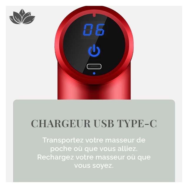 Appareil de massage Kashmir Pocket de vue de dos avec son écran LCD et son interface USB type-c dédié à la recharge