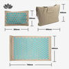 Dimension des différents outils du kit d'acupression fleur de lotus comprenant un coussin, un tapis et un sac.