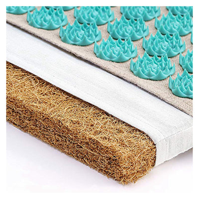 Vue décomposée intérieure des tapis d'acupression fleur de lotus de la marque Ozen Massage composés de matériaux naturelles à base de lin, fibre de noix de coco et de coton.